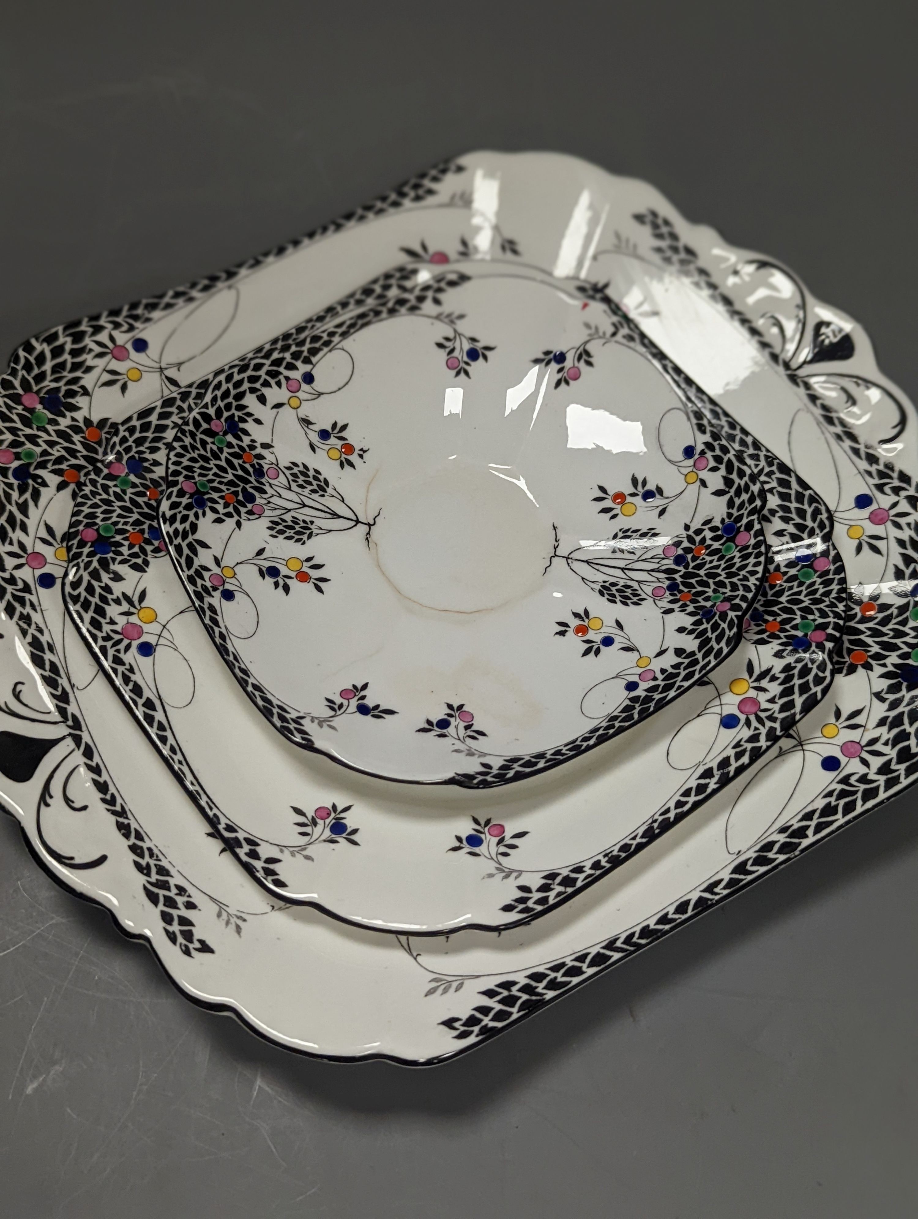 A Shelley Black Leafy Tree pattern part teaset, in Queen Anne shape